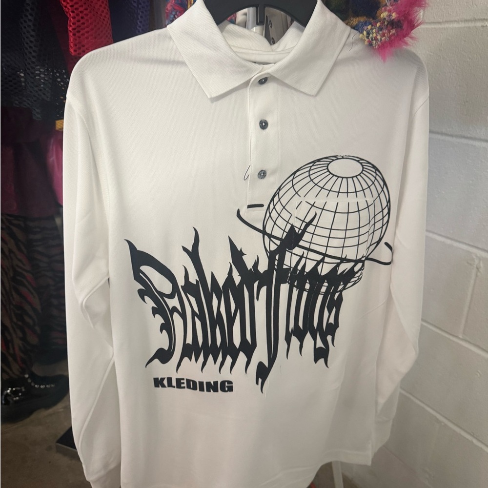 White Long Sleeve Polo with Graphic Print